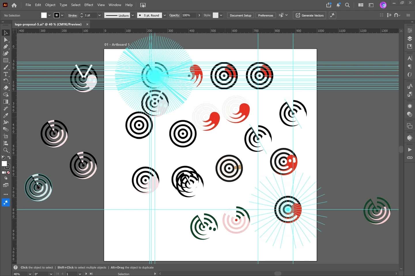 Illustrator artwork for the first logo proposal, with icon sketches and colour studies, logo proposal 1 illustrator screenshot 1.