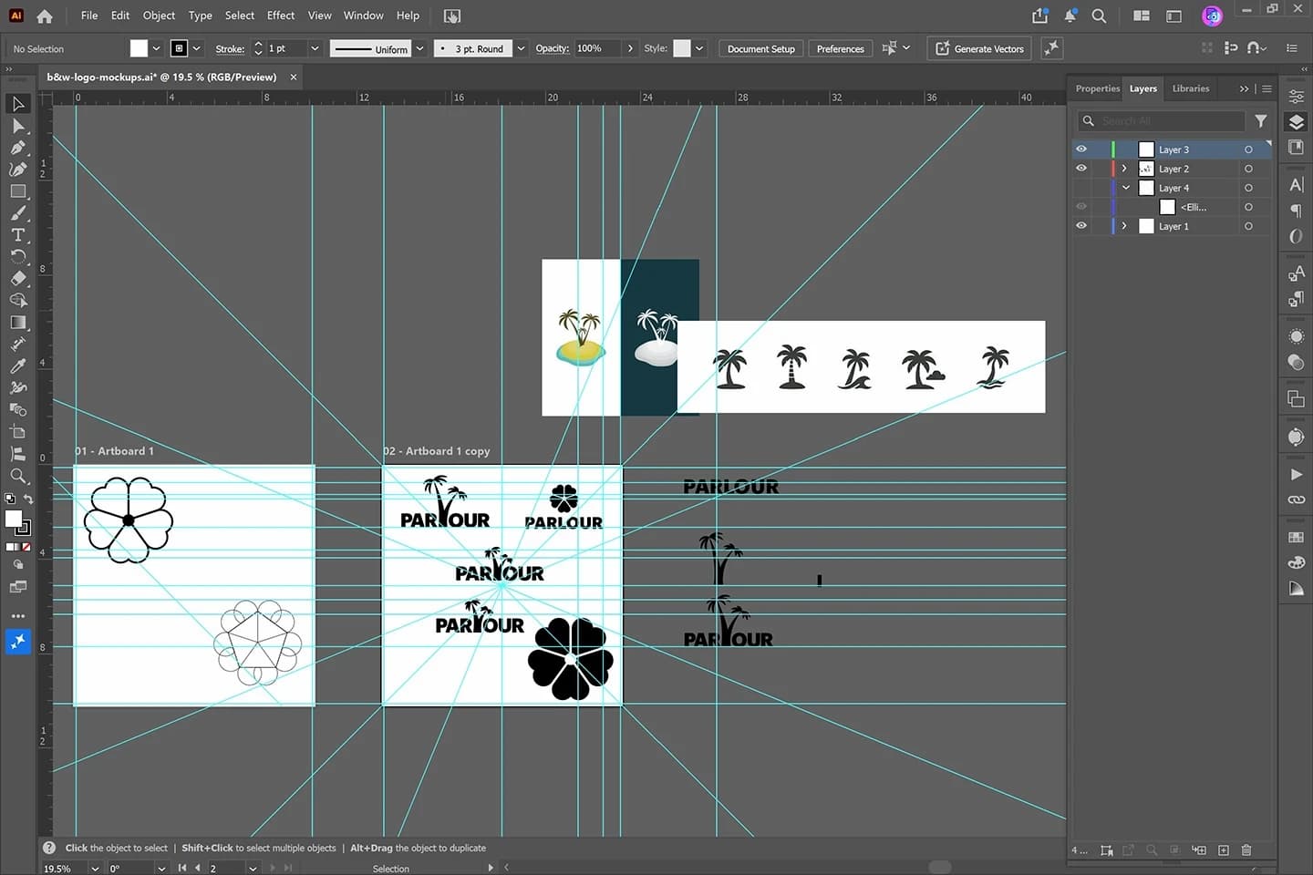 Illustrator artwork for the first wordmark: grids and early explorations (view 1 of 2).