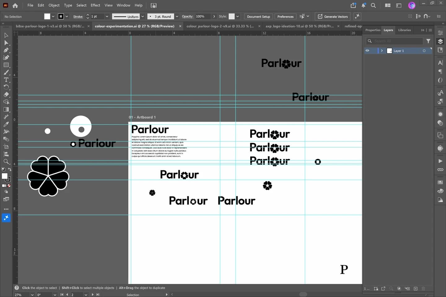 Illustrator artwork for the first wordmark: grids and early explorations (view 2 of 2).
