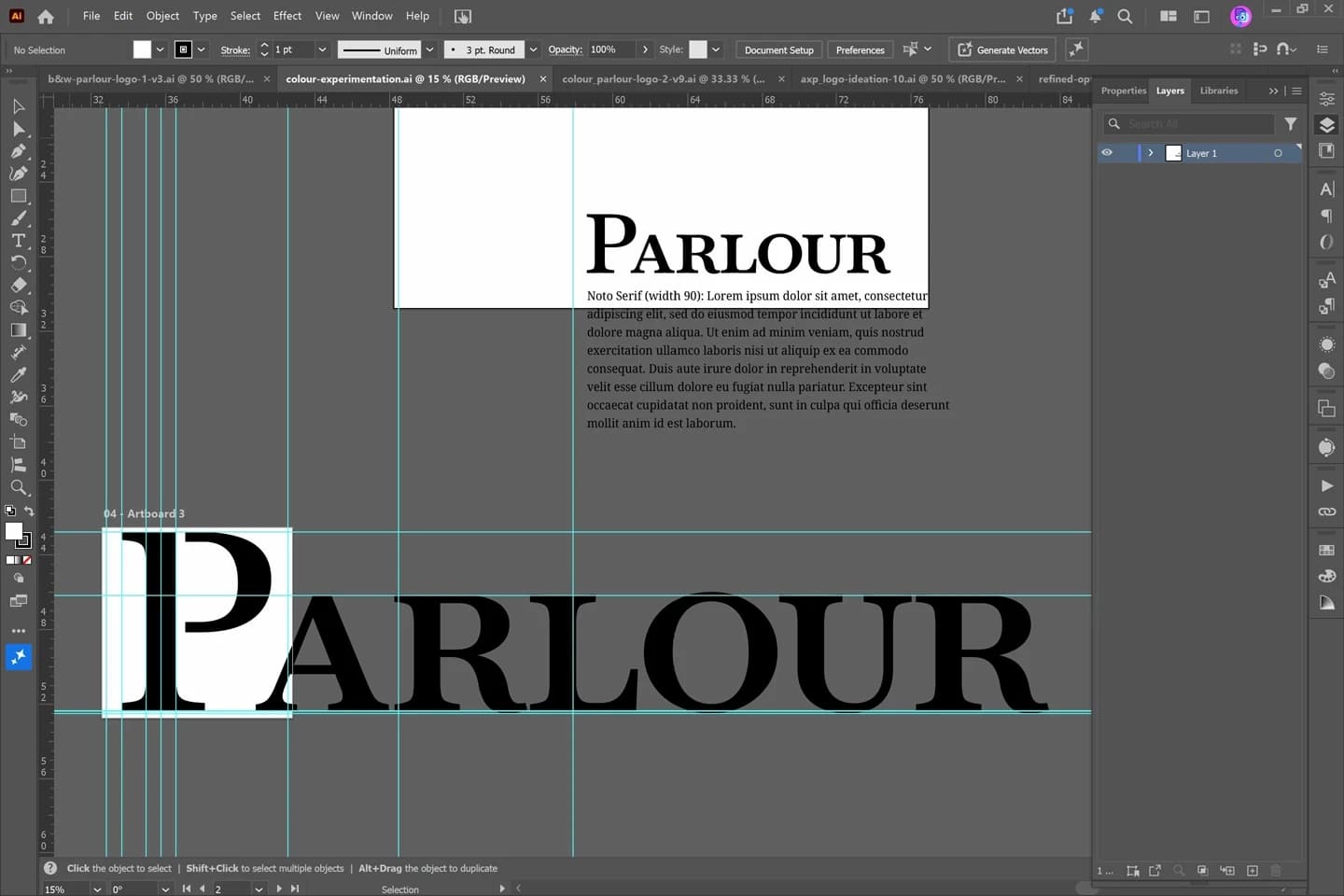 Screenshot: Illustrator artwork for the second wordmark and alternate letterforms.
