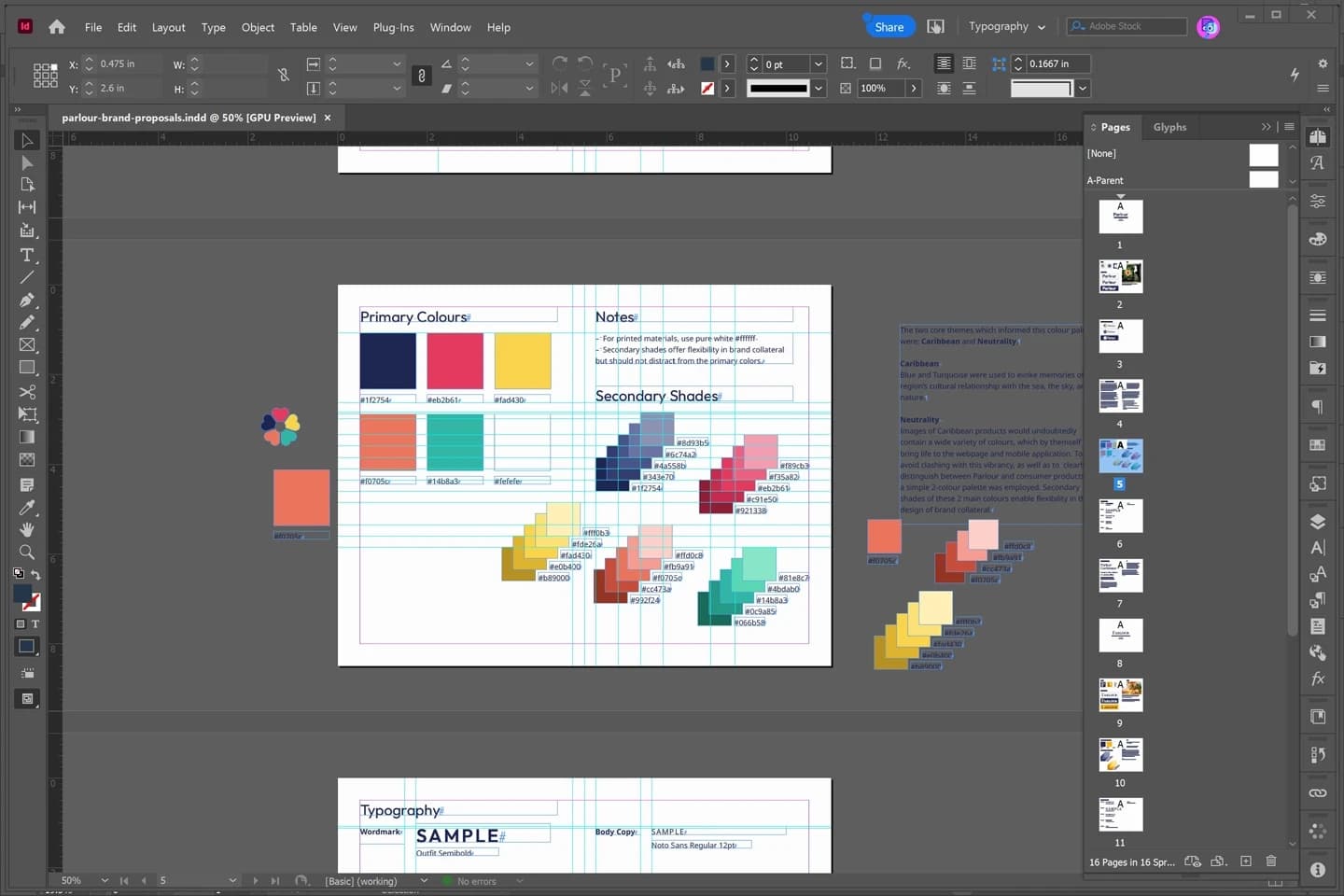 Screenshot: Adobe InDesign file for the rebrand presentation, organising three proposals into templated review decks.