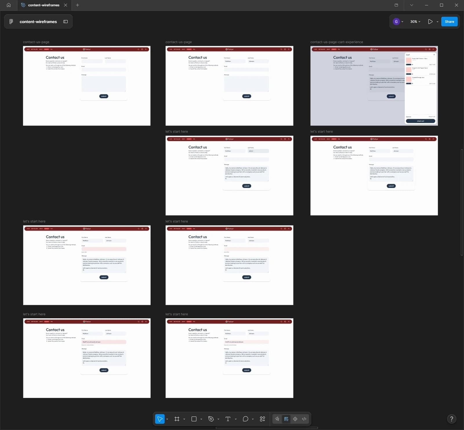 Contact and cart wireframes for the Parlour MVP: streamlined flows and payments.