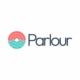 Parlour wordmark beside a circular icon of a pink sun setting over teal waves.