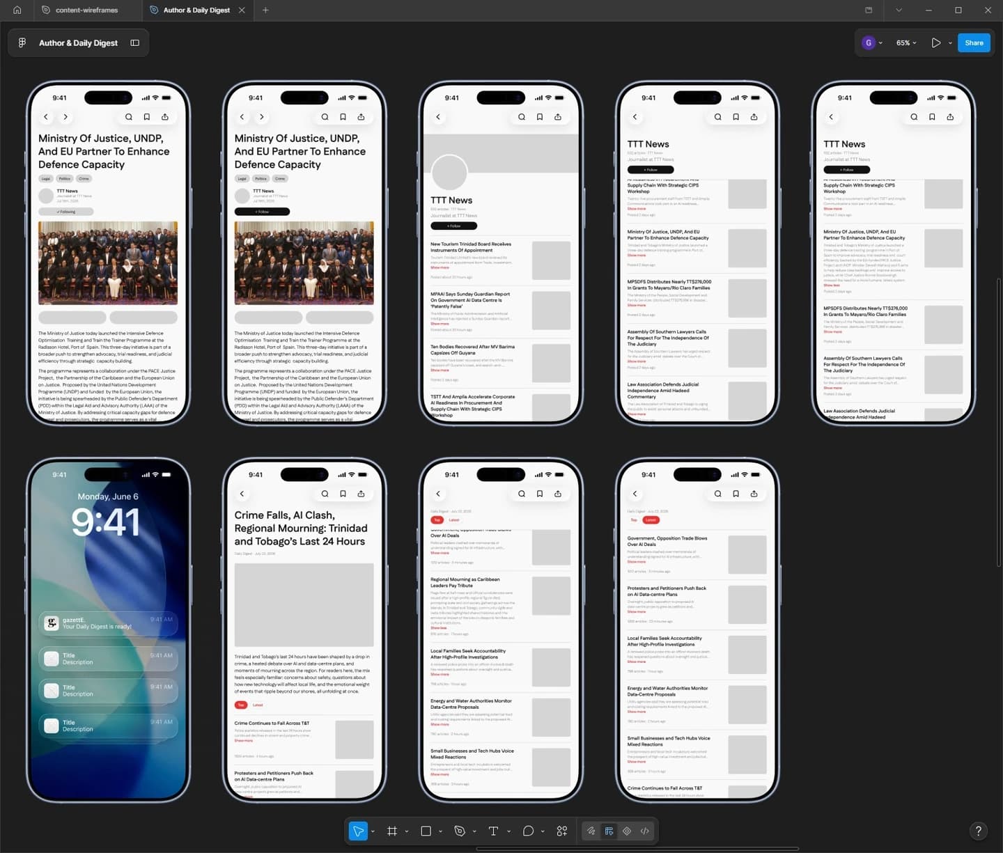 Wireframes for the mobile-optimised author page and daily digest: hierarchy, navigation, and reading flow on the go.