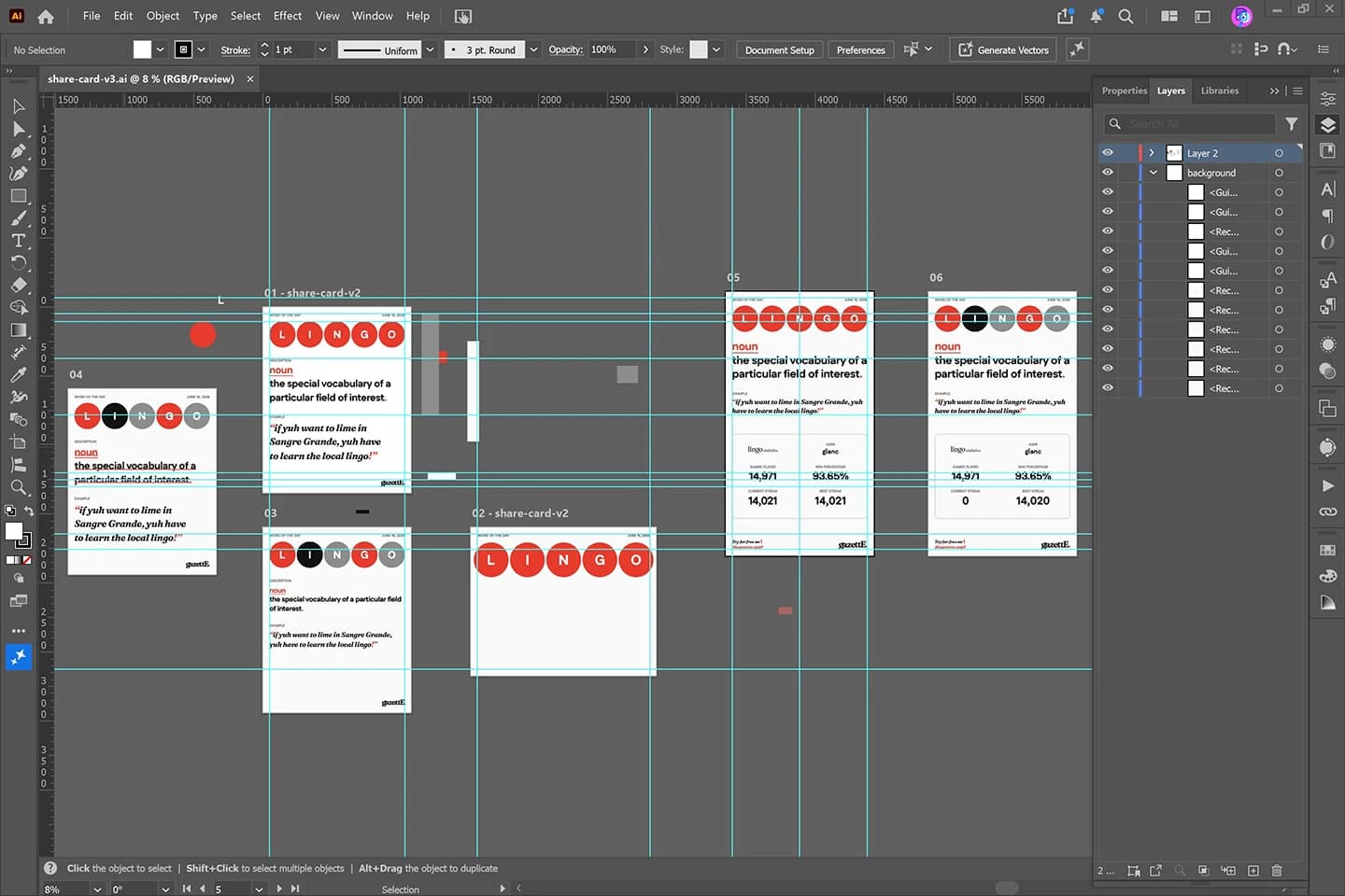 Screenshot: Illustrator artwork for the word game share card: type and layout grids.