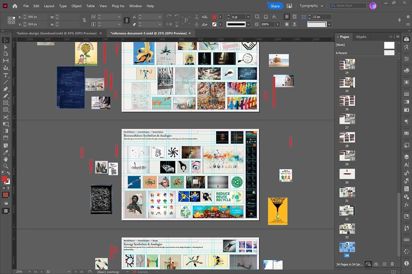 Screenshot: Adobe InDesign file formatting Cecconi Simone research: interviews, references, and themes for the rebrand direction.