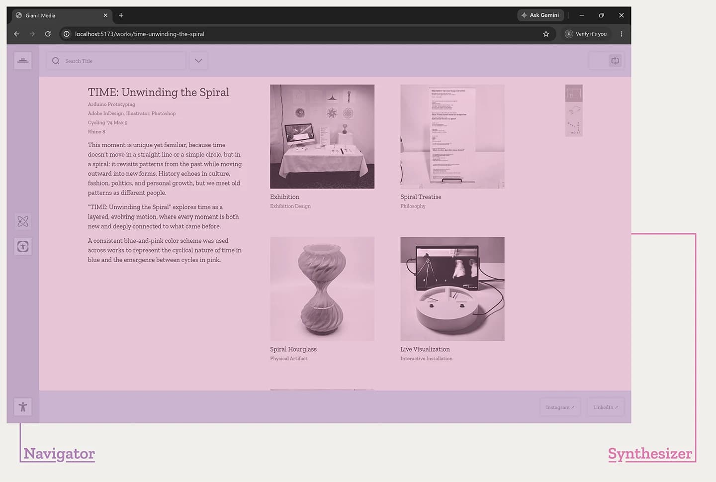Browser screenshot of Gian-I Media with the two main layout divisions—the navigator and synthesizer—highlighted.