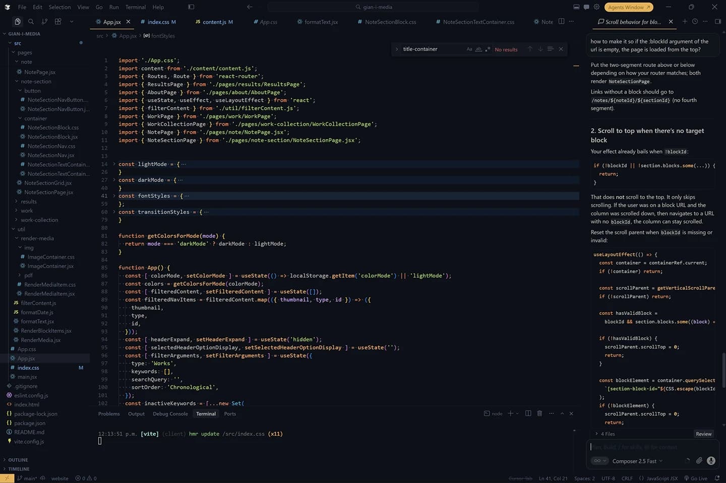 IDE window showing React and JavaScript source code for the Gian-I Media version 0.5 site.