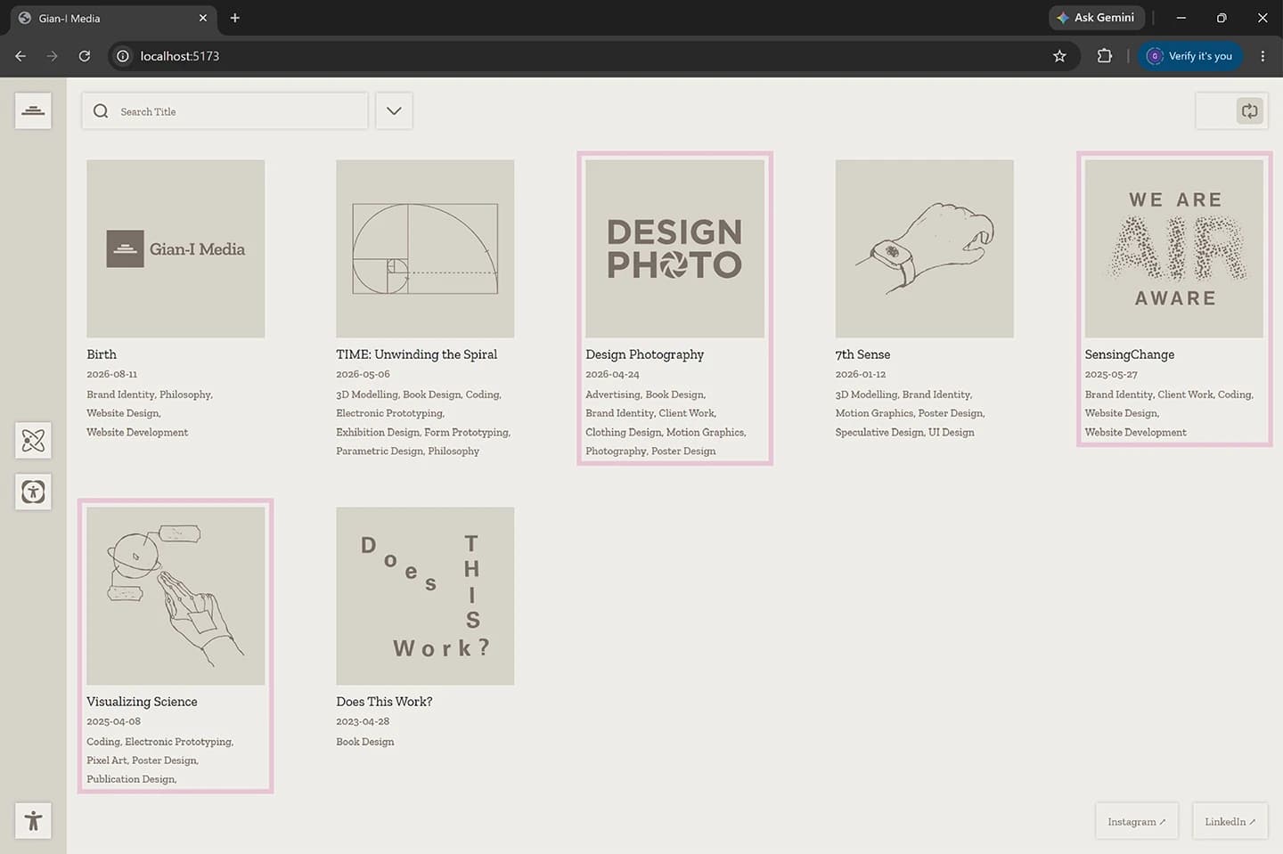 Gian-I Media works grid after version 0.6, showing six project thumbnails in the navigator layout.