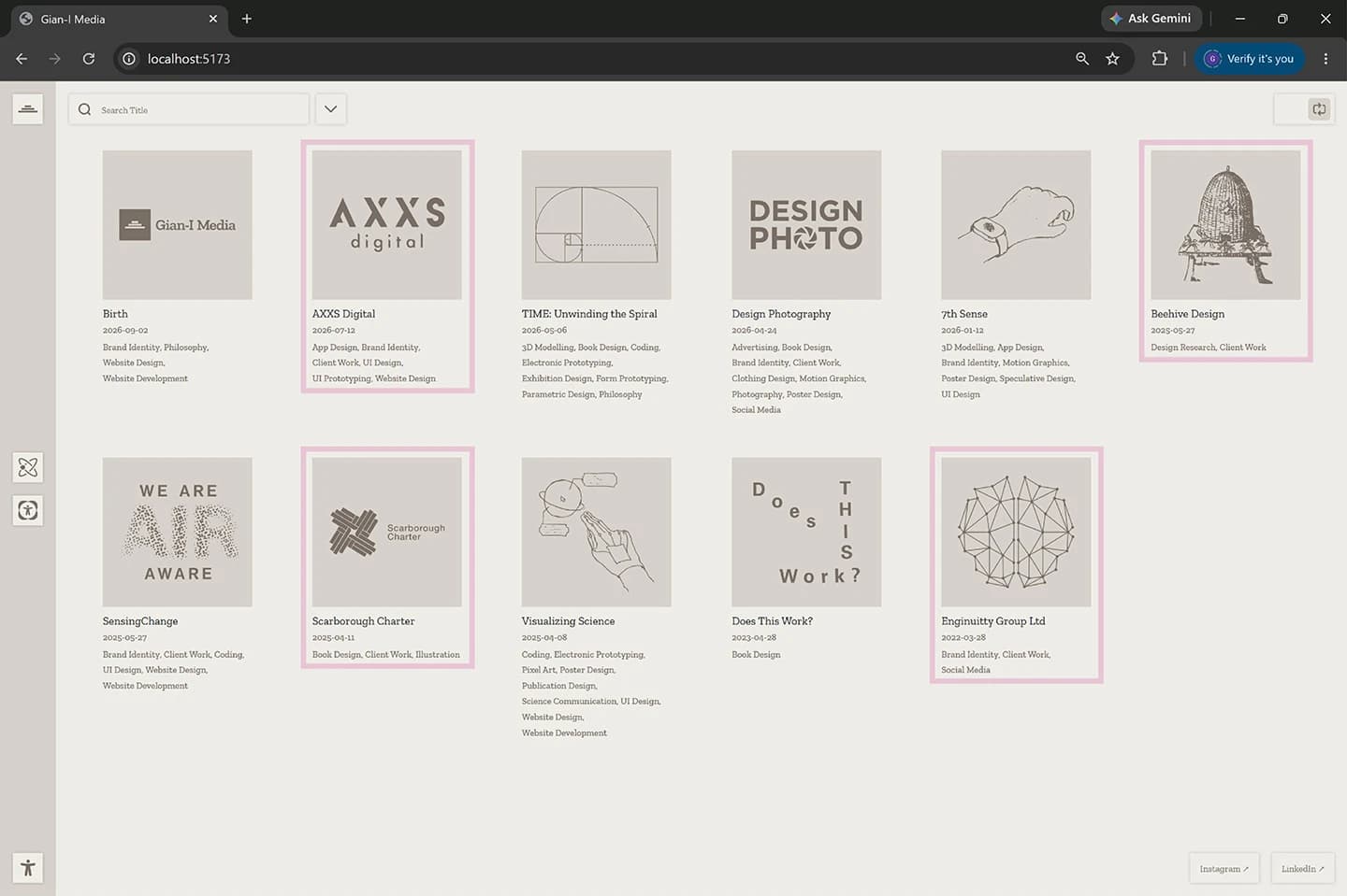 Gian-I Media works grid with all ten version 1.0 projects visible in the filtered thumbnail view.