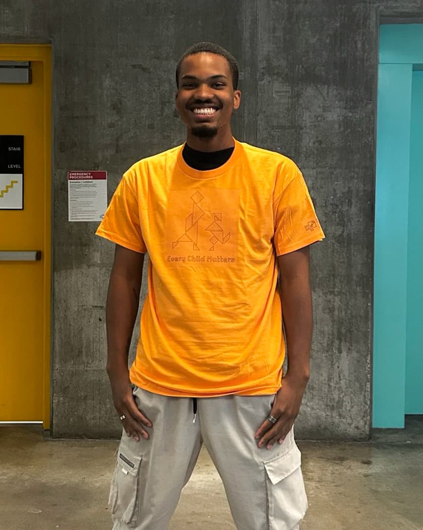 Photograph of me wearing the completed Orange Shirt Day T-shirt.