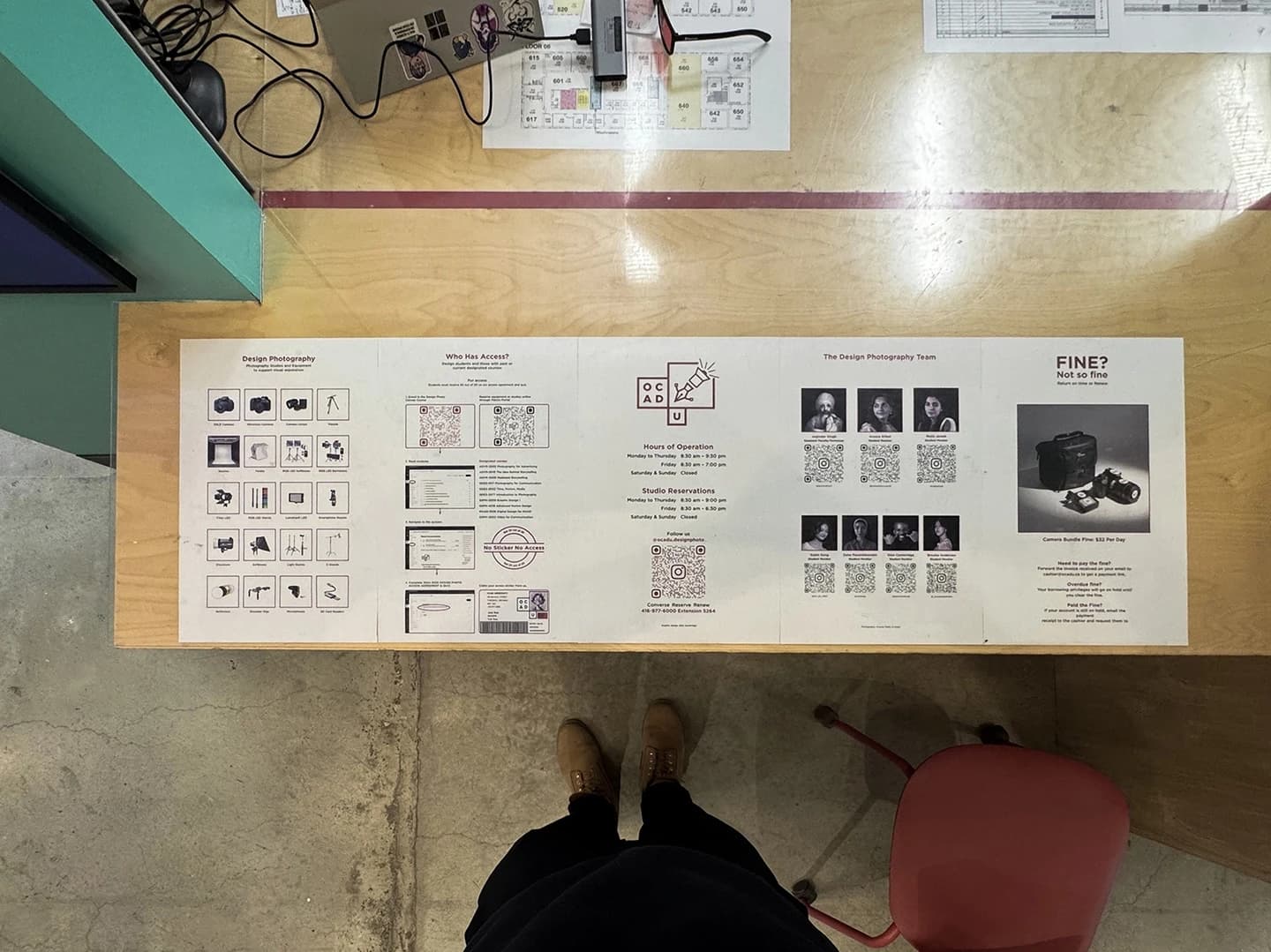 Reception-desk print infographics.