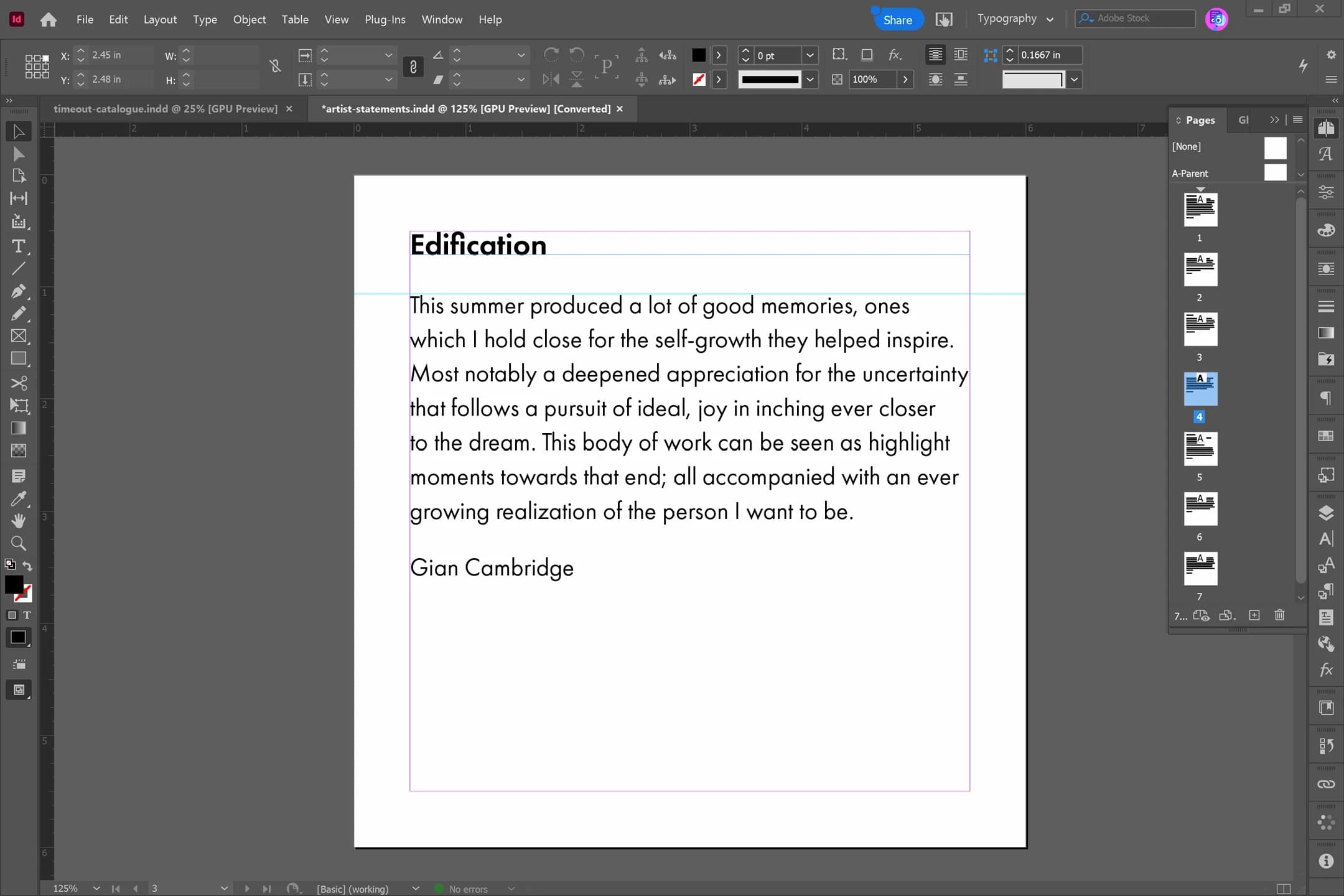 Screenshot: Artist-statement production file.