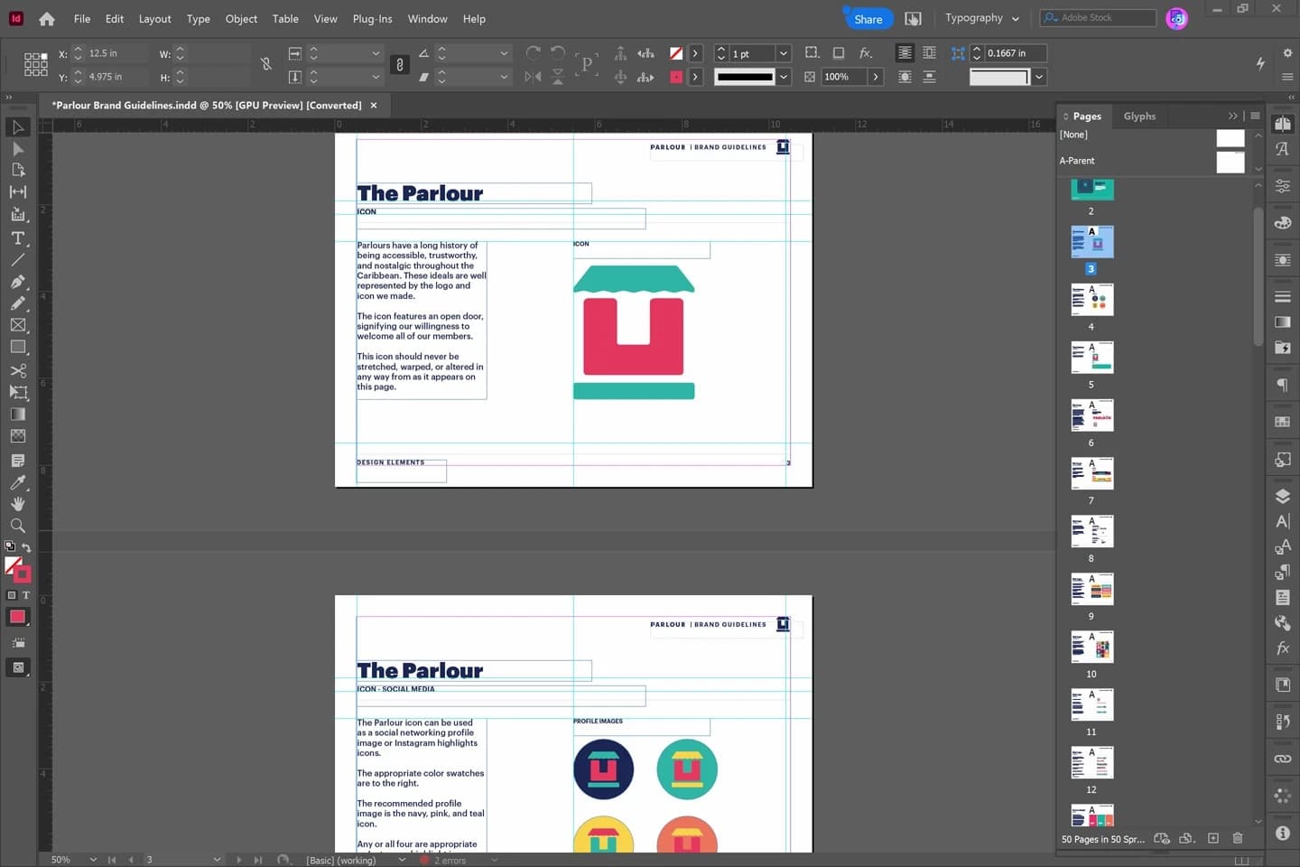Screenshot: InDesign layout for Parlour Caribbean brand guidelines.