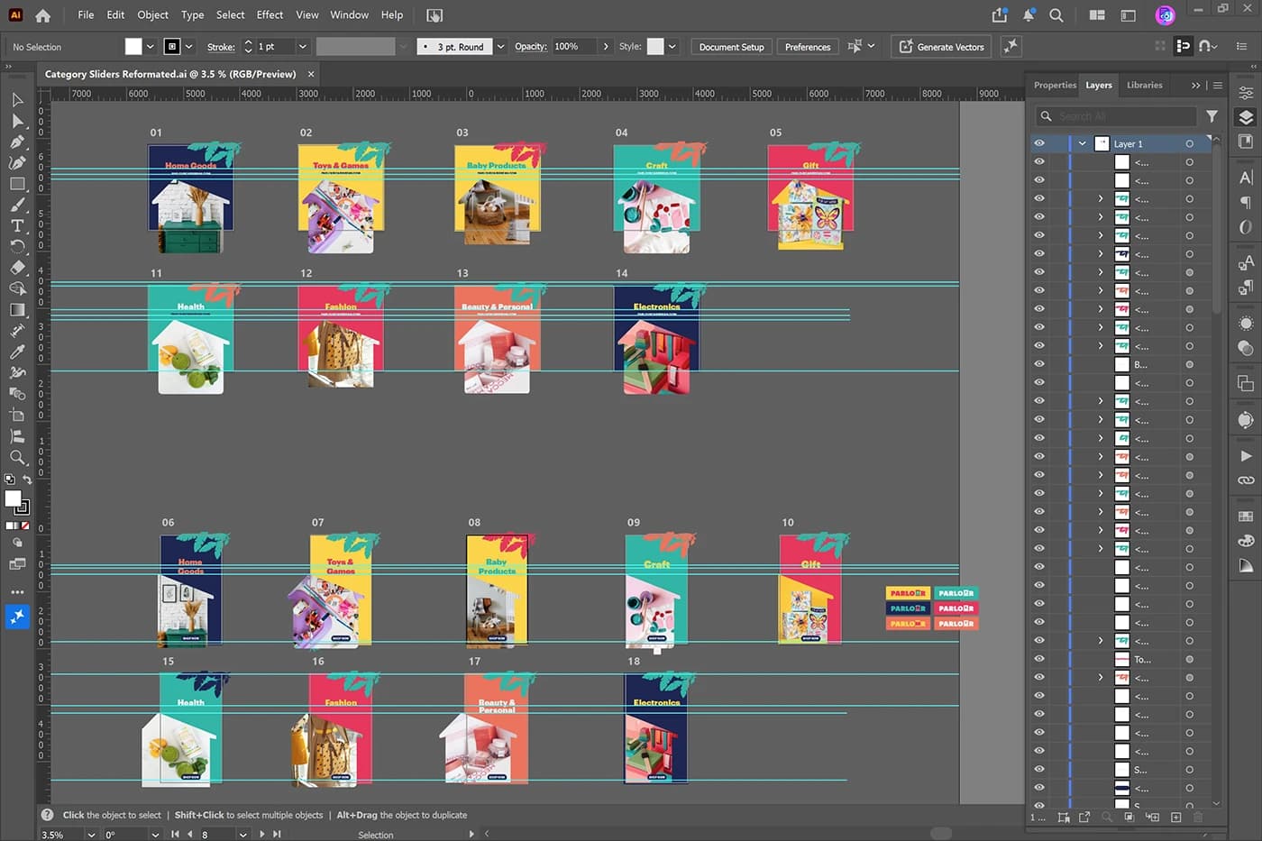 Screenshot: Illustrator artwork for social posts and stories: vectors, colour palettes, and layers.
