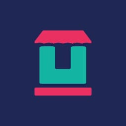Minimal shop icon with a pink scalloped awning, teal body, and pink base on navy blue.