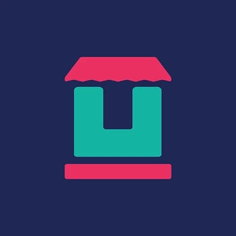 Minimal shop icon with a pink scalloped awning, teal body, and pink base on navy blue.