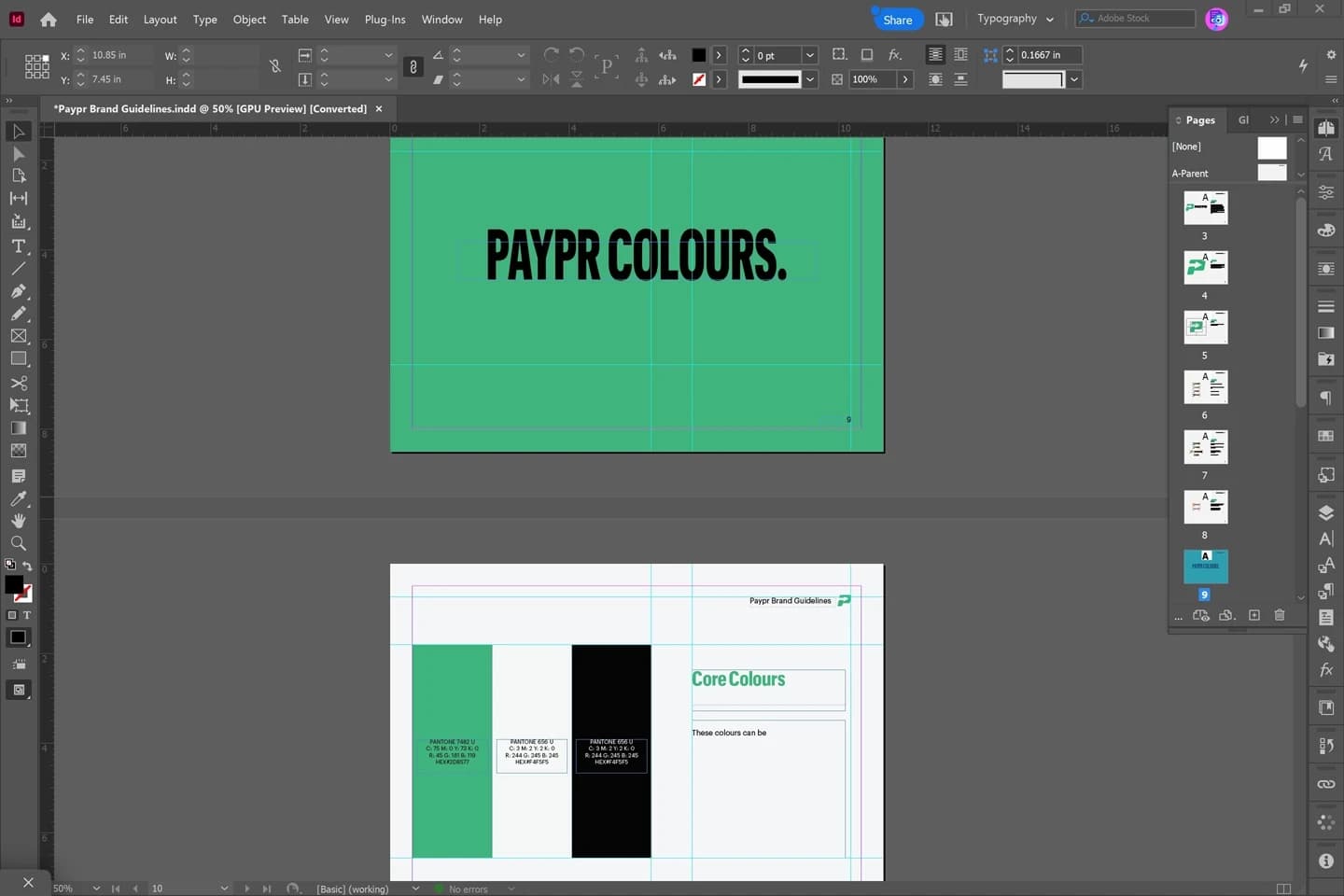 Screenshot: InDesign layout for PAYPR brand guidelines: typography, colour, and layout.
