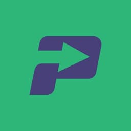 Purple italic P logo with a green arrow cutout on a solid green background.