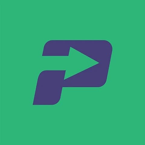 Purple italic P logo with a green arrow cutout on a solid green background.
