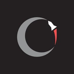 White rocket orbiting a grey crescent moon with a red exhaust trail on black.