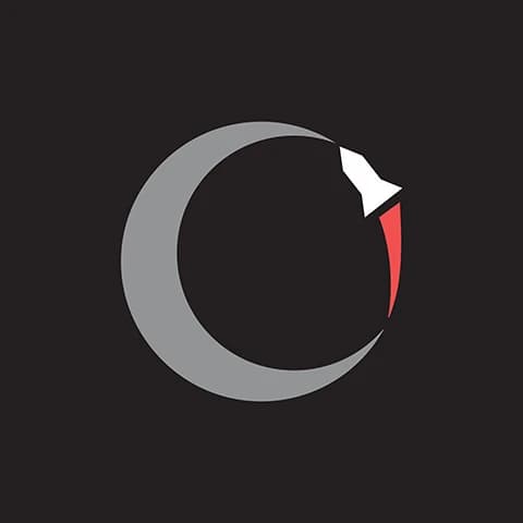 White rocket orbiting a grey crescent moon with a red exhaust trail on black.