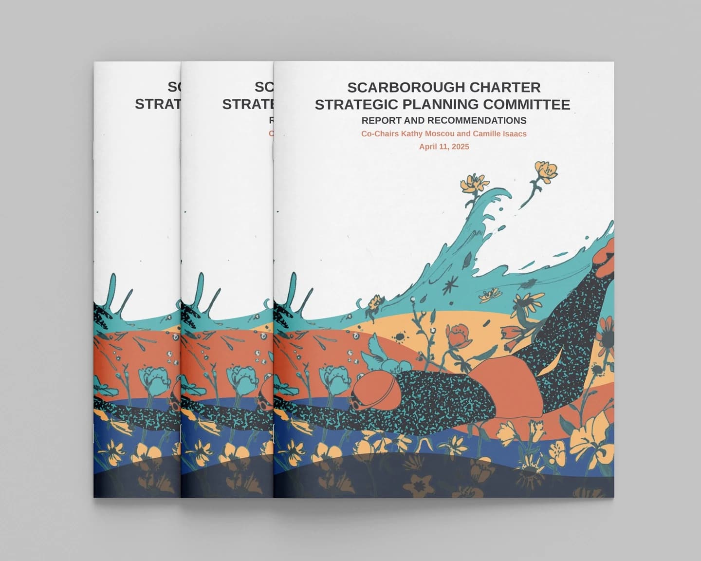 Photorealistic mockups of the final front cover for the Scarborough Charter committee report (8.5 × 11 in.) (view 1 of 2).