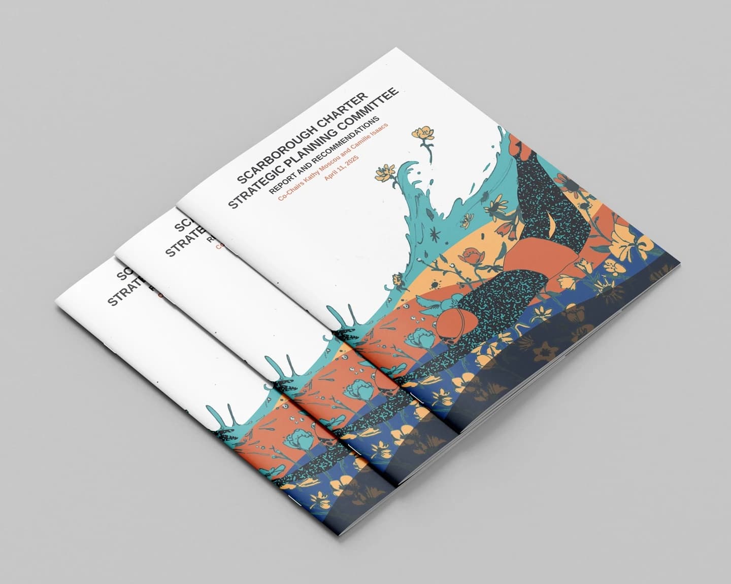Photorealistic mockups of the final front cover for the Scarborough Charter committee report (8.5 × 11 in.) (view 2 of 2).