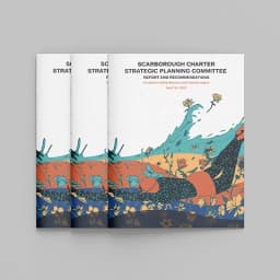 Stacked Scarborough Charter committee report covers with a swimmer among teal waves and flowers.