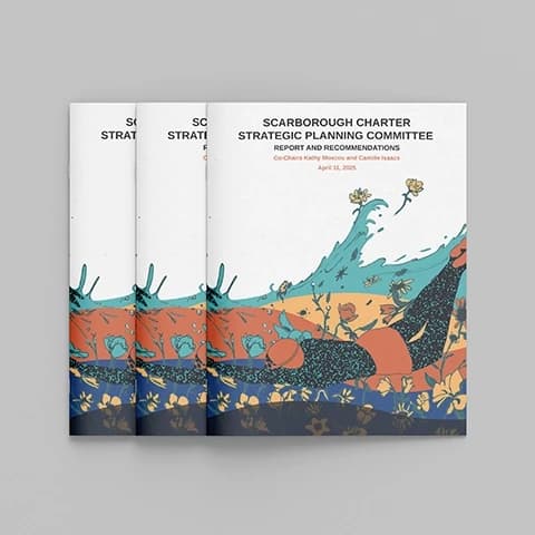 Stacked Scarborough Charter committee report covers with a swimmer among teal waves and flowers.