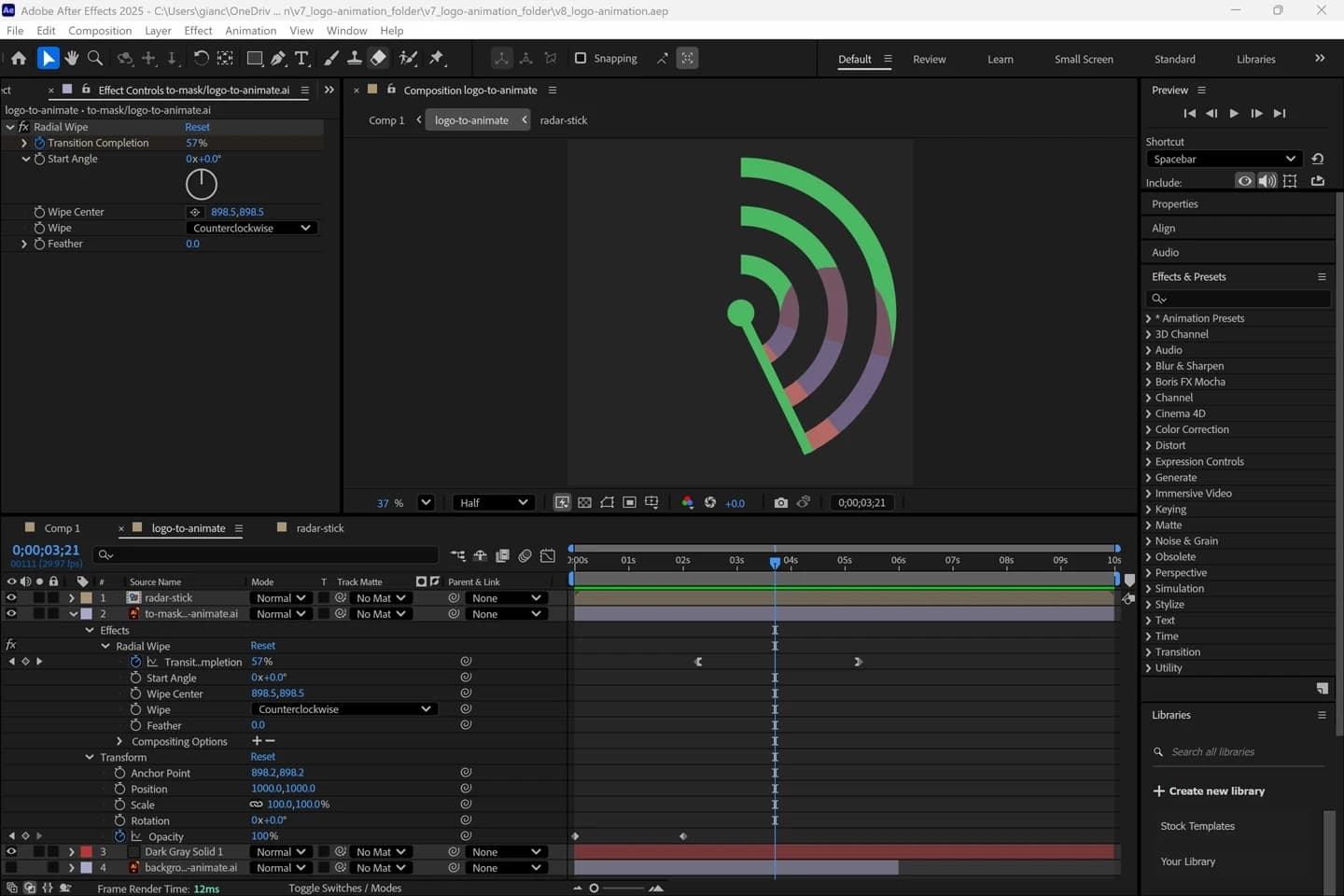 Screenshot: After Effects composition for the first logo proposal animation: layers, keyframes, and radar effects.