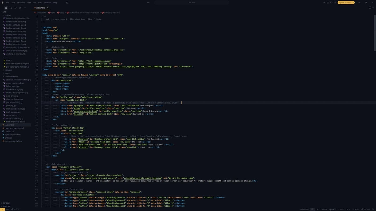 Screenshot: Main page HTML in Cursor IDE. Site built with HTML, CSS, and JavaScript; Bootstrap.js for carousels.