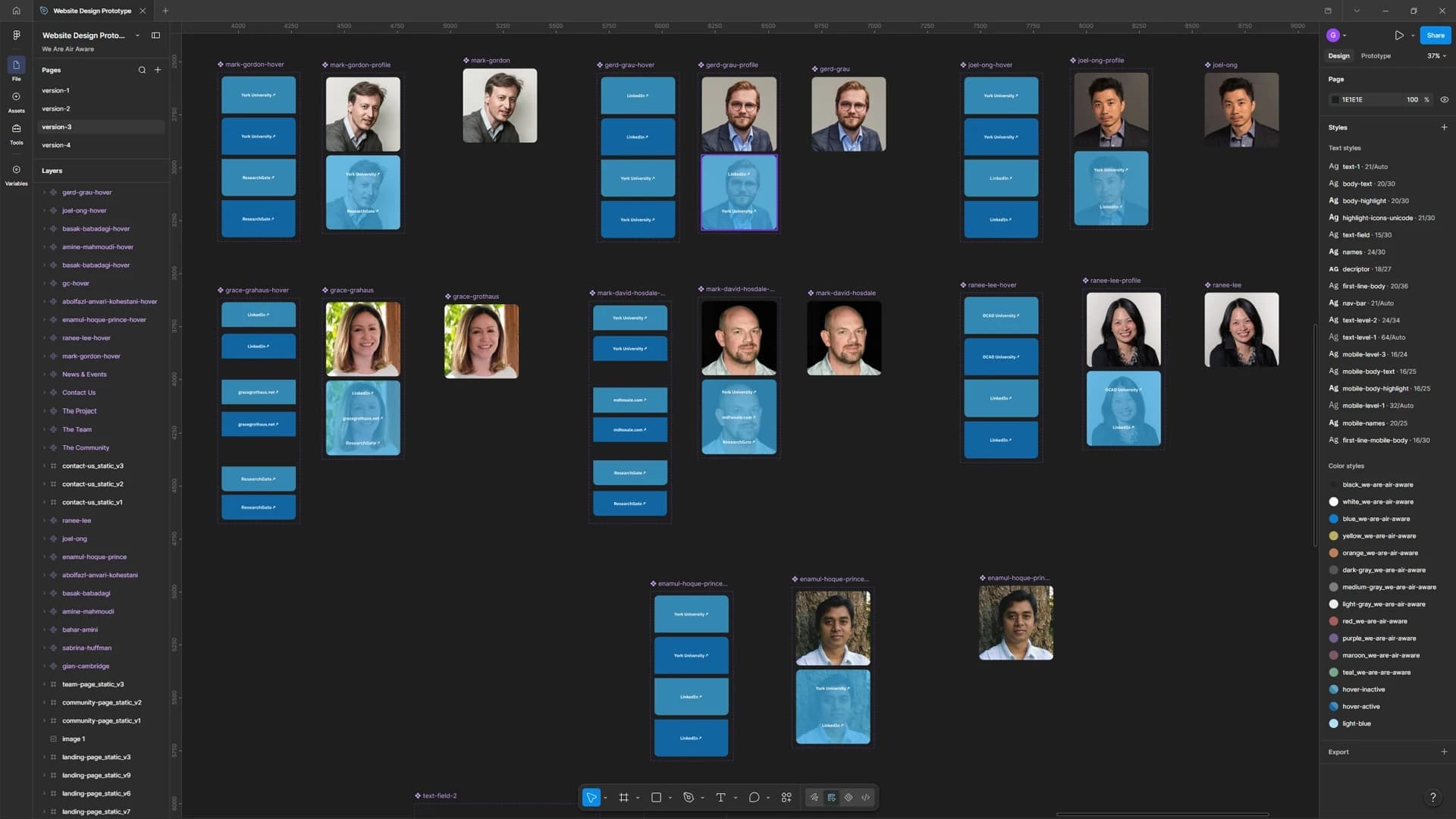 Screenshot: Final Figma design for team profile hover states, refined further in production.