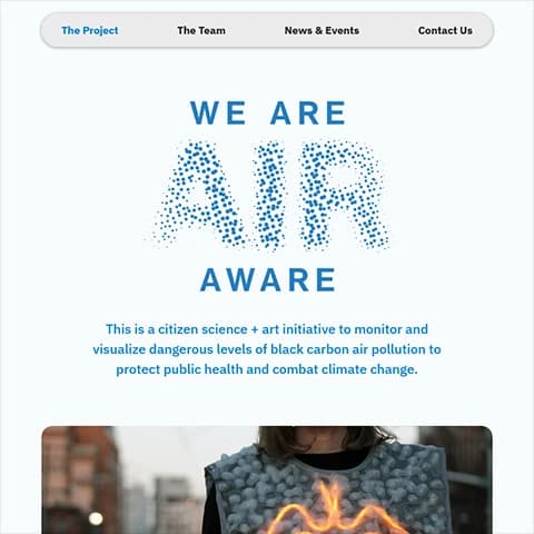 Air Aware website hero with a dotted AIR headline and a wearable vest showing glowing lungs.