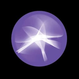 Glowing purple circular icon with translucent white wave ribbons at the center.