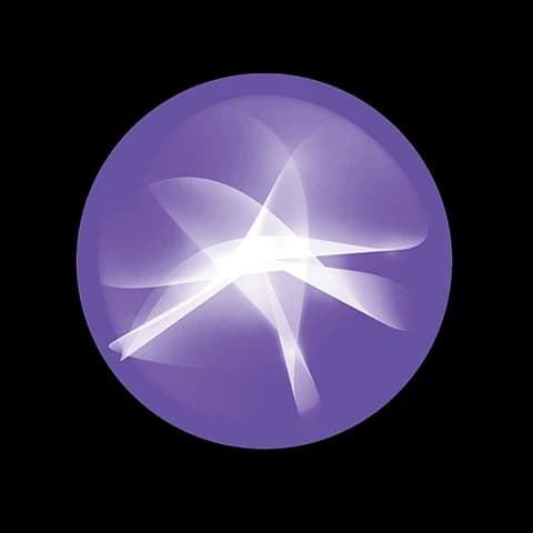 Glowing purple circular icon with translucent white wave ribbons at the center.