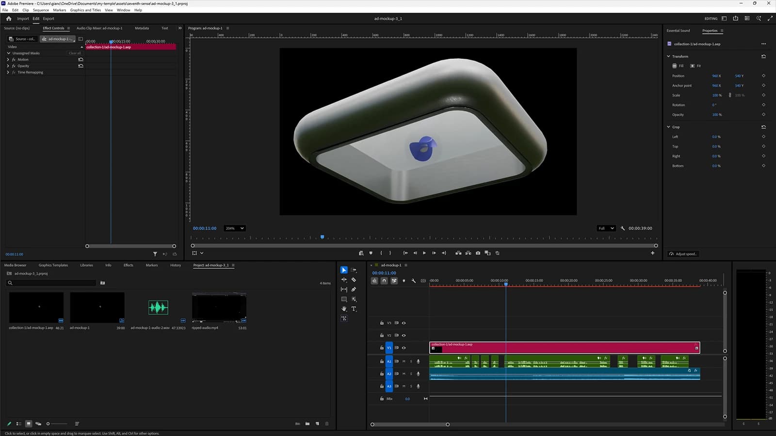Screenshot: Premiere Pro timeline for combining video, voice-over, and music.