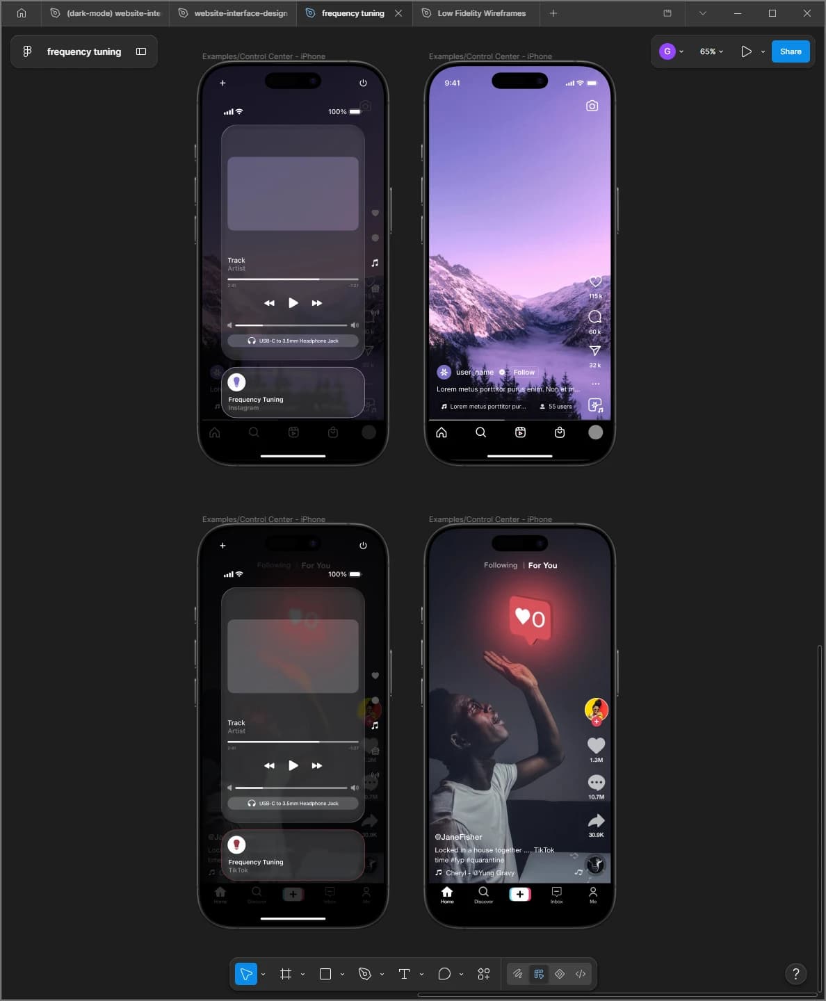 Proposed 7th Sense app Frequency Tuning curates social feeds from average physiological arousal over a chosen period. It toggles on or off from iOS Control Center.