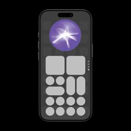 Smartphone mockup with a glowing purple voice-assistant orb and grey UI placeholders.
