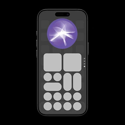 Smartphone mockup with a glowing purple voice-assistant orb and grey UI placeholders.