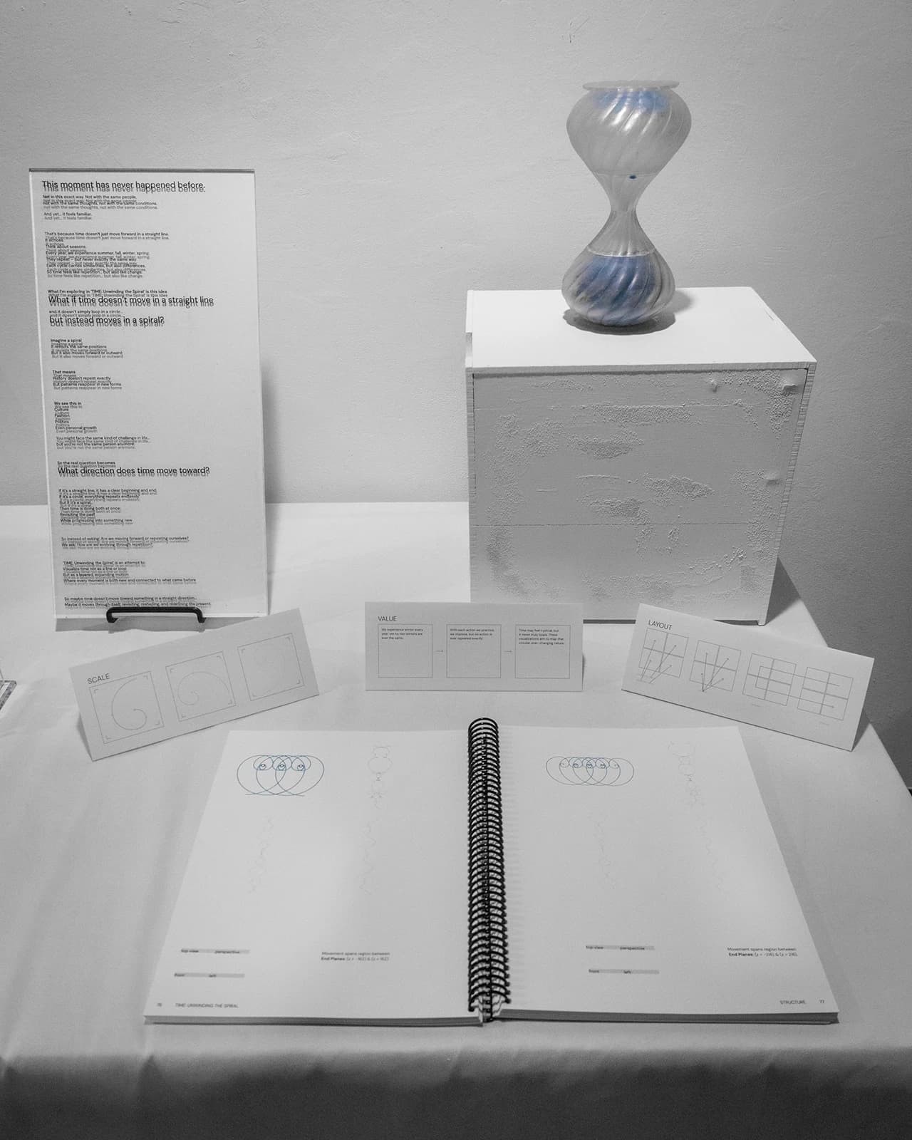 Setup for the Spiral Treatise, visual research, instructions on how to read the research, and the spiral hourglass, spiral exhibition hourglass book treatise.