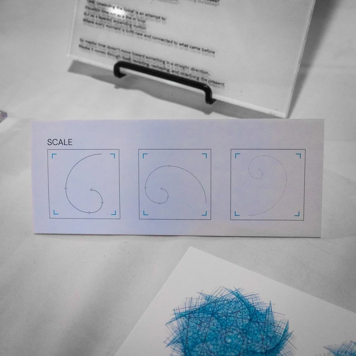Setup for the Spiral Treatise, visual research, instructions on how to read the research, and the spiral hourglass, spiral exhibition reading instructions 1.