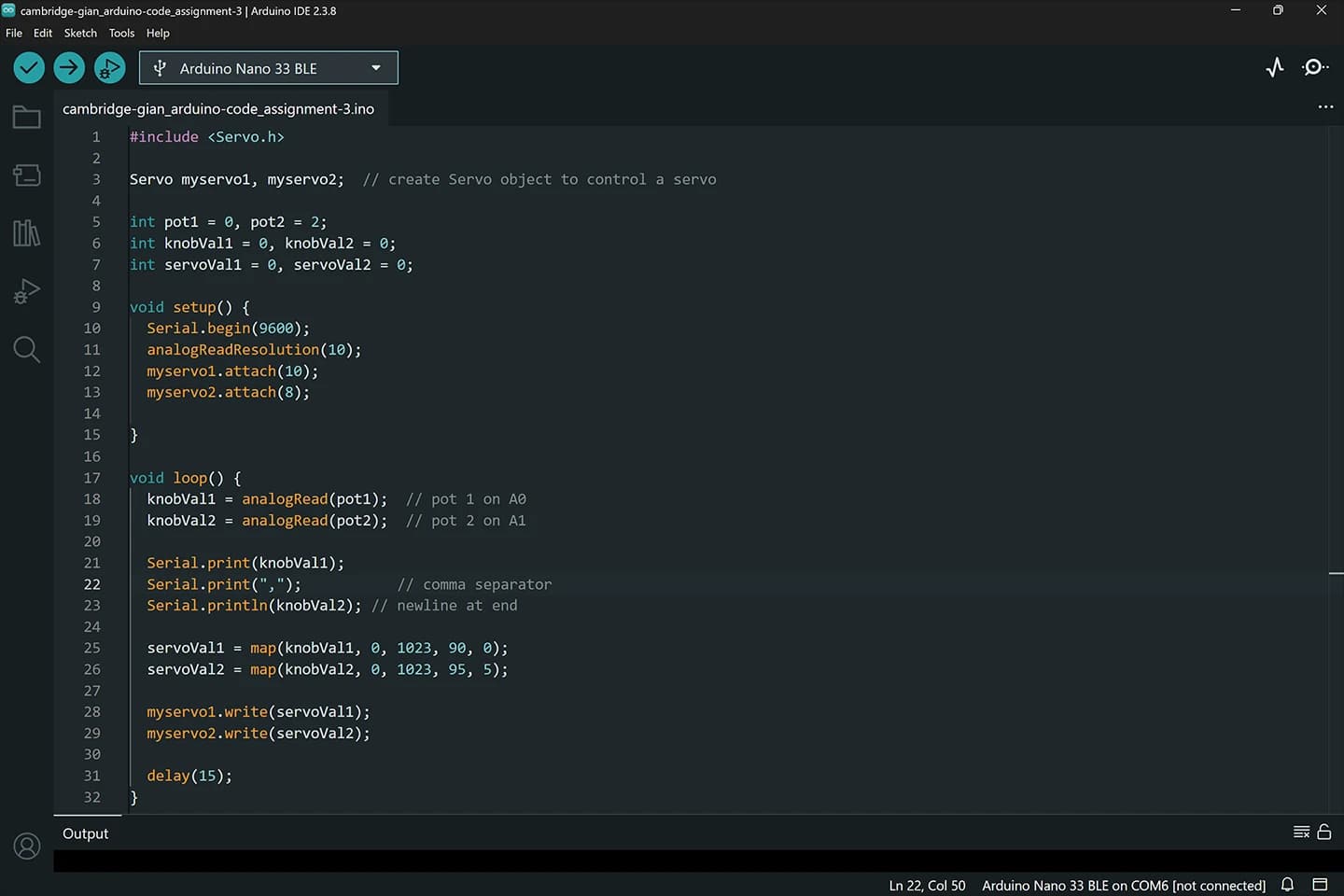 Screenshot: Arduino code that reads the controller and sends data to the Max patch.