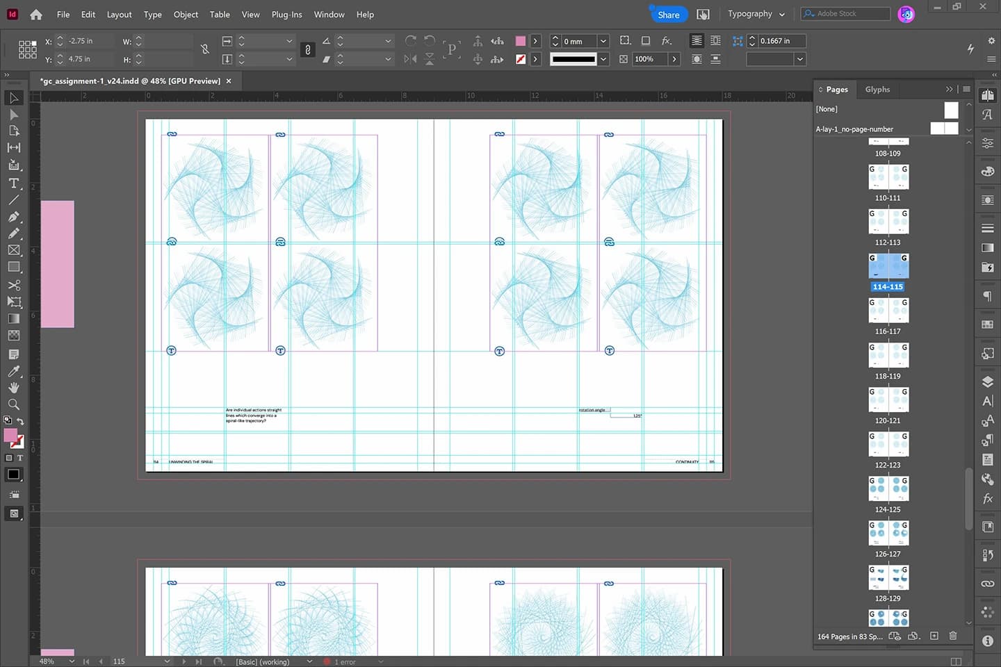 Screenshot: InDesign file formatting the visual research.