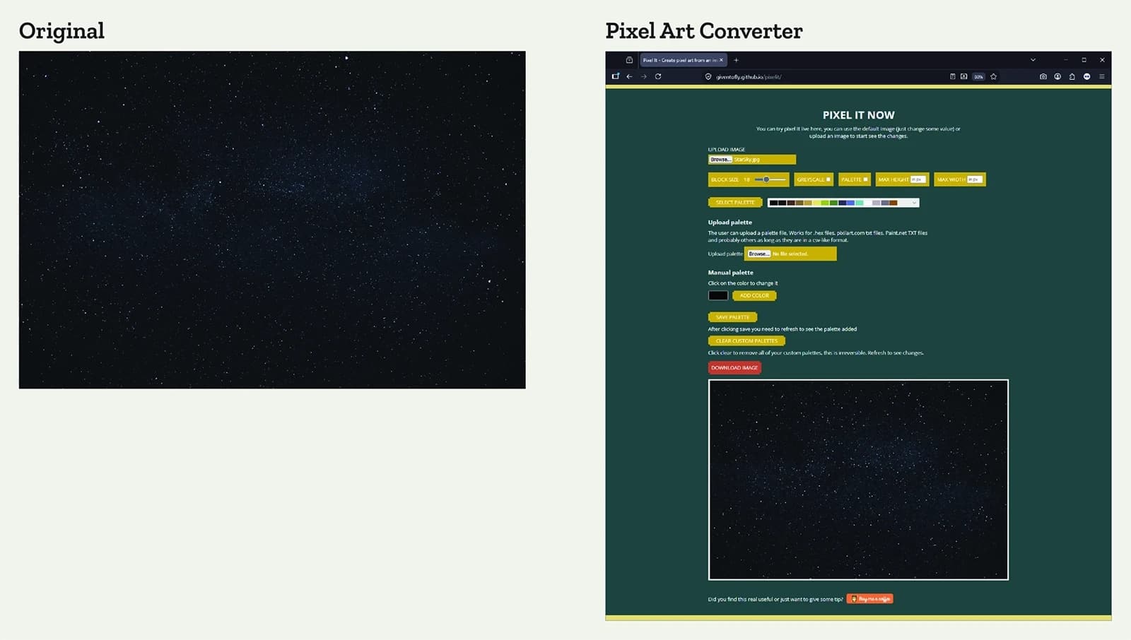 Pixel art converter for the background with source image.