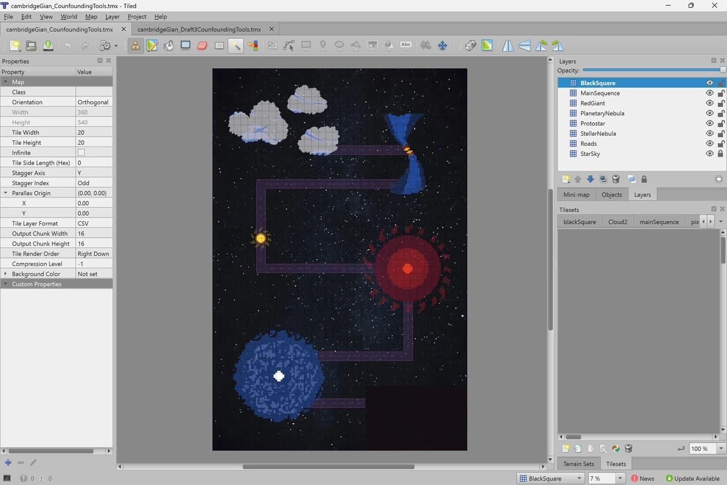 Tiled files organising Aseprite art and converted background into one composition (view 1 of 2).