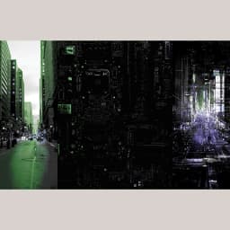 Triptych of a green-tinted city street, a glowing circuit board, and purple digital light trails.
