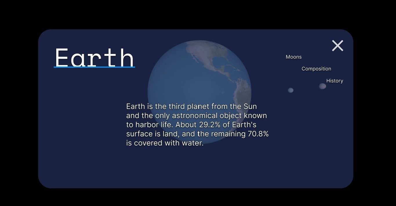 Early mockup of the overlay shown after selecting a planet.