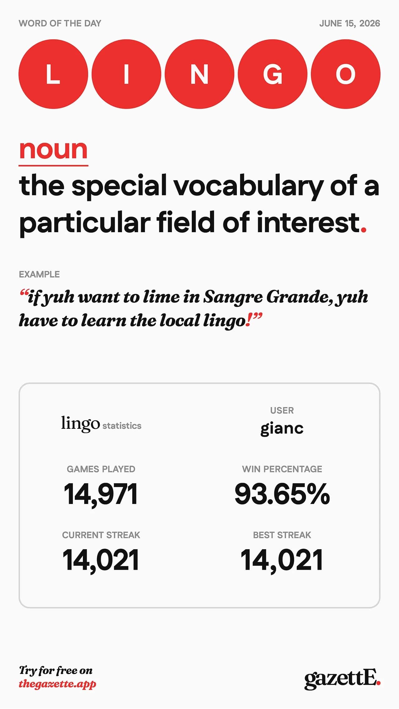 Share-card renders after completing the word game, built for social sharing and daily engagement with The Gazette app (view 1 of 2).