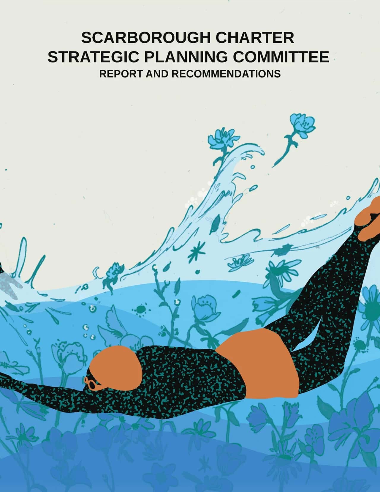 Digital render of the initial cover spread. After submission, Scarborough Charter representatives asked that the palette align more closely with the organisation’s established identity (view 1 of 3).
